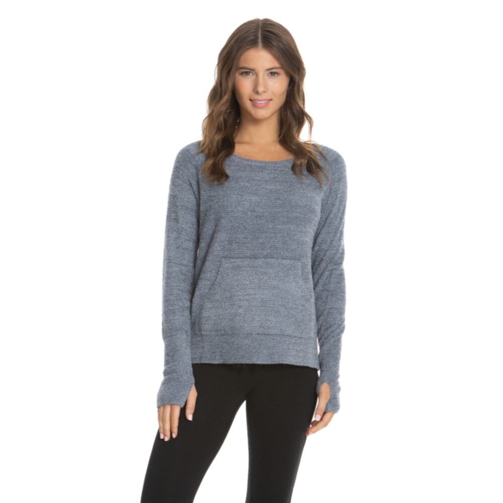 Barefoot Dreams Cozy Chic Lite Raglan Crew Sweater Gray Round Neck Pocket Size M